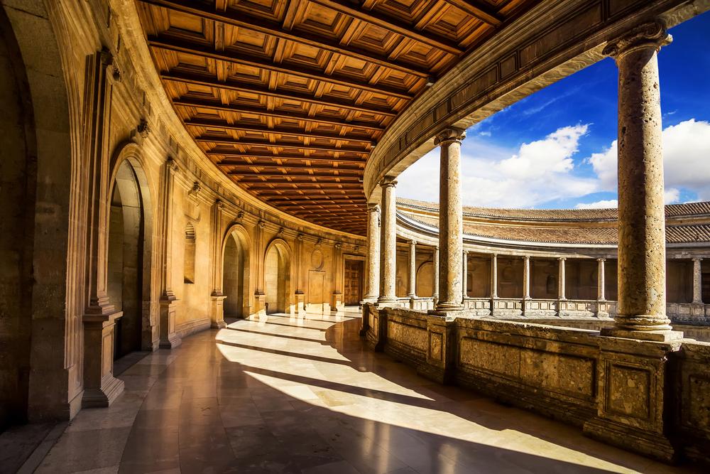 Hallway of the Palace of Carlos V in La Alhambra, Granada, Spain.